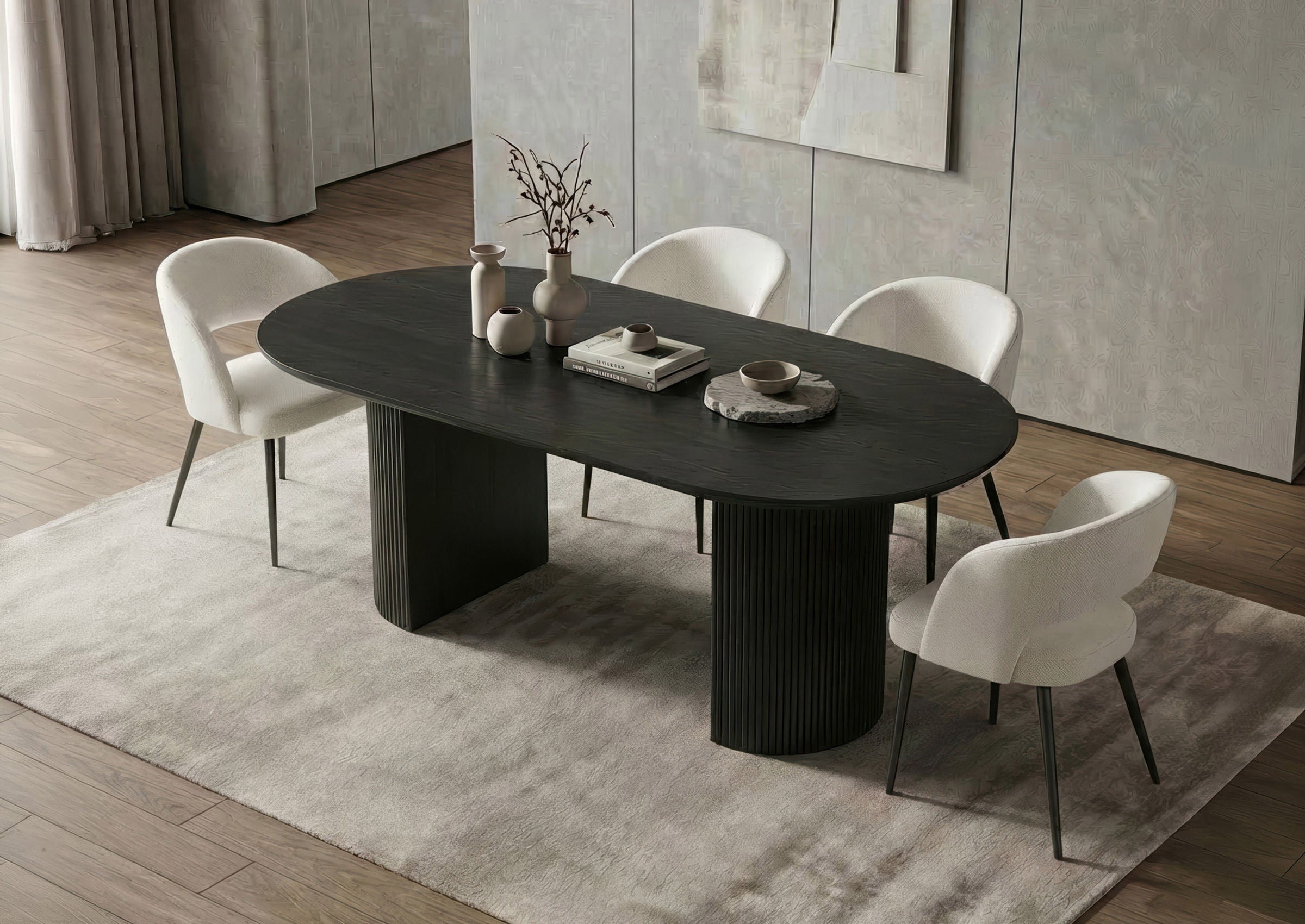 7-Piece Black Oval Dining Set with Cream Chairs