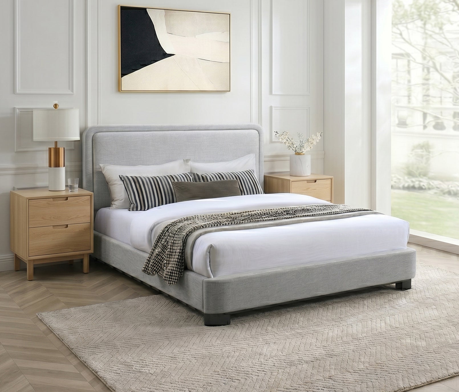 Light Grey Upholstered Platform Bed