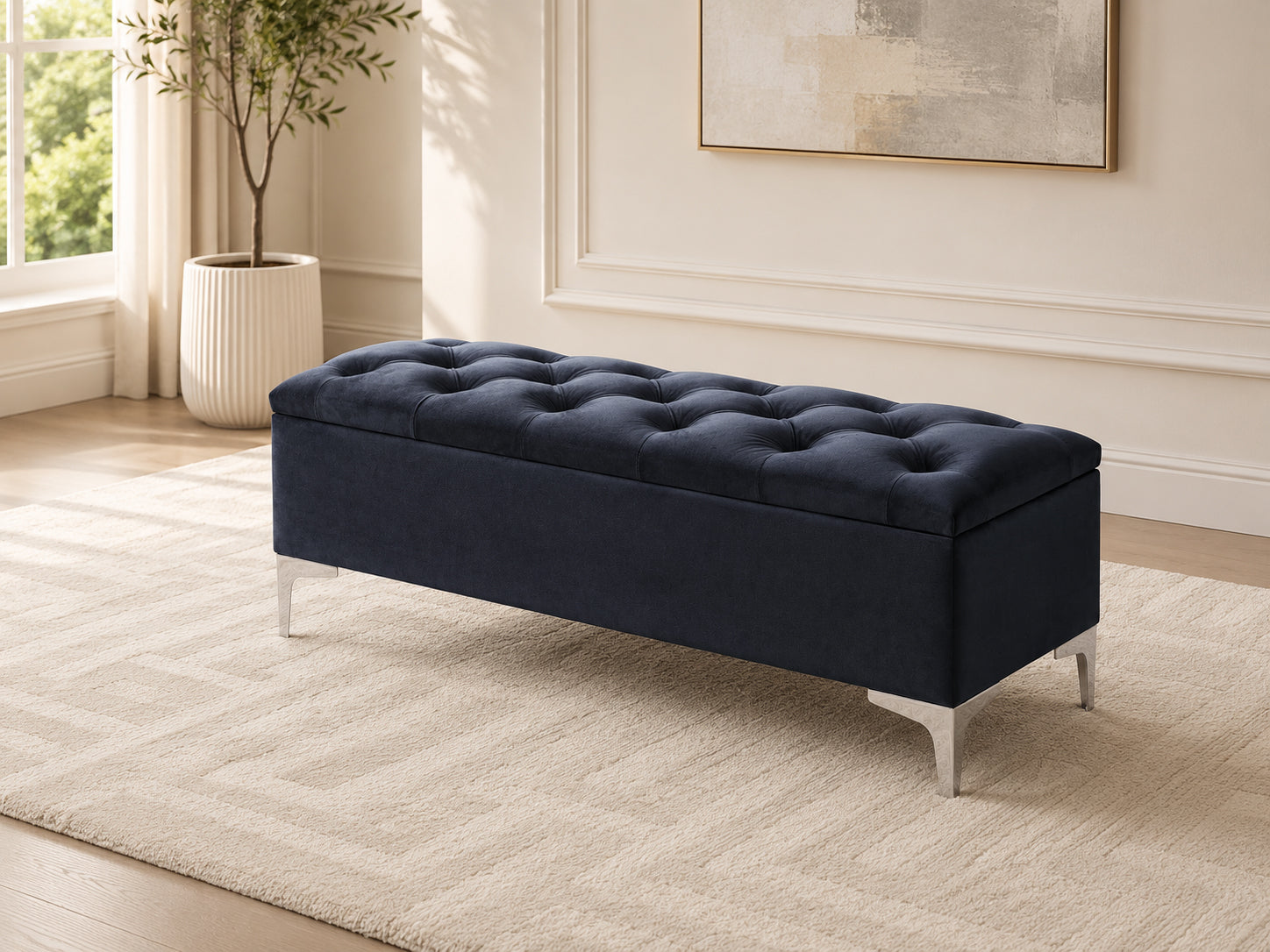 Black Velvet Button-Tufted Storage Bench