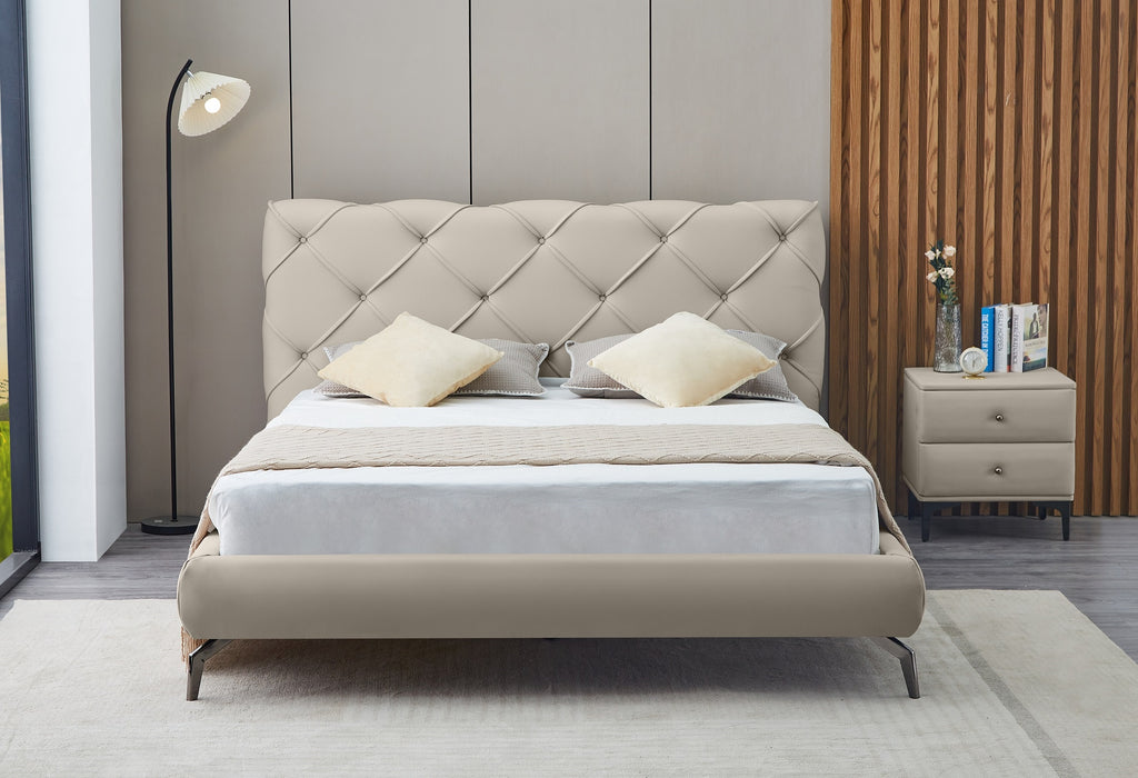 Cream PU Diamond-Stitch Platform Bed - image 3