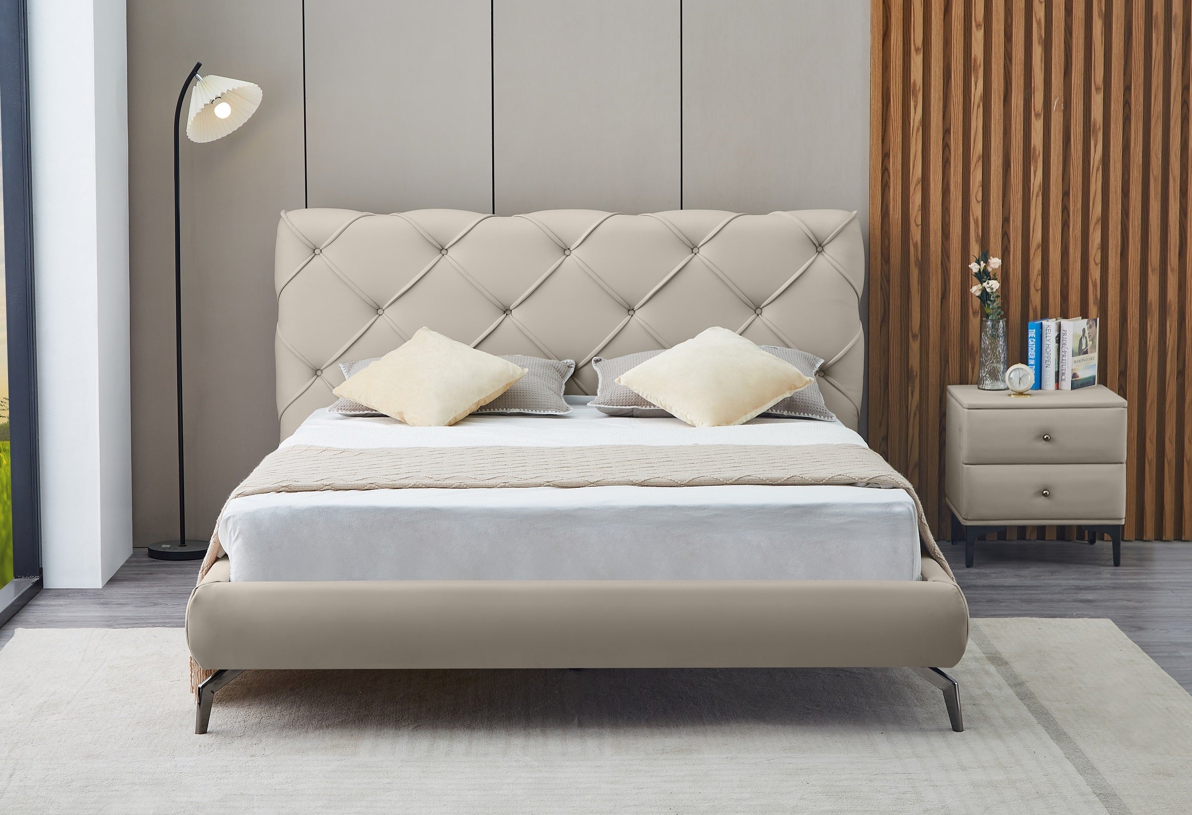 Cream PU Diamond-Stitch Platform Bed - image 3