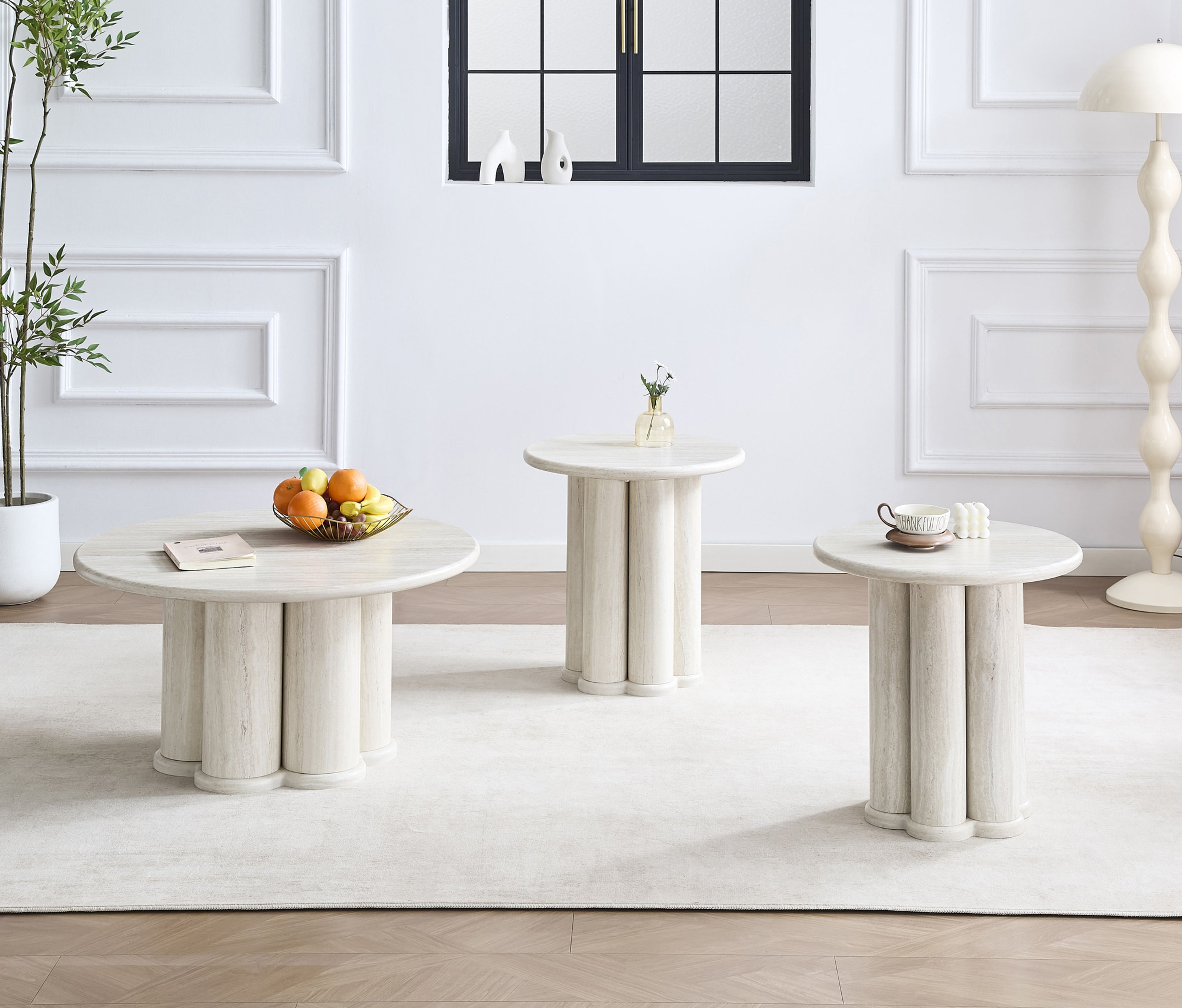 Round Travertine-Look Coffee Table