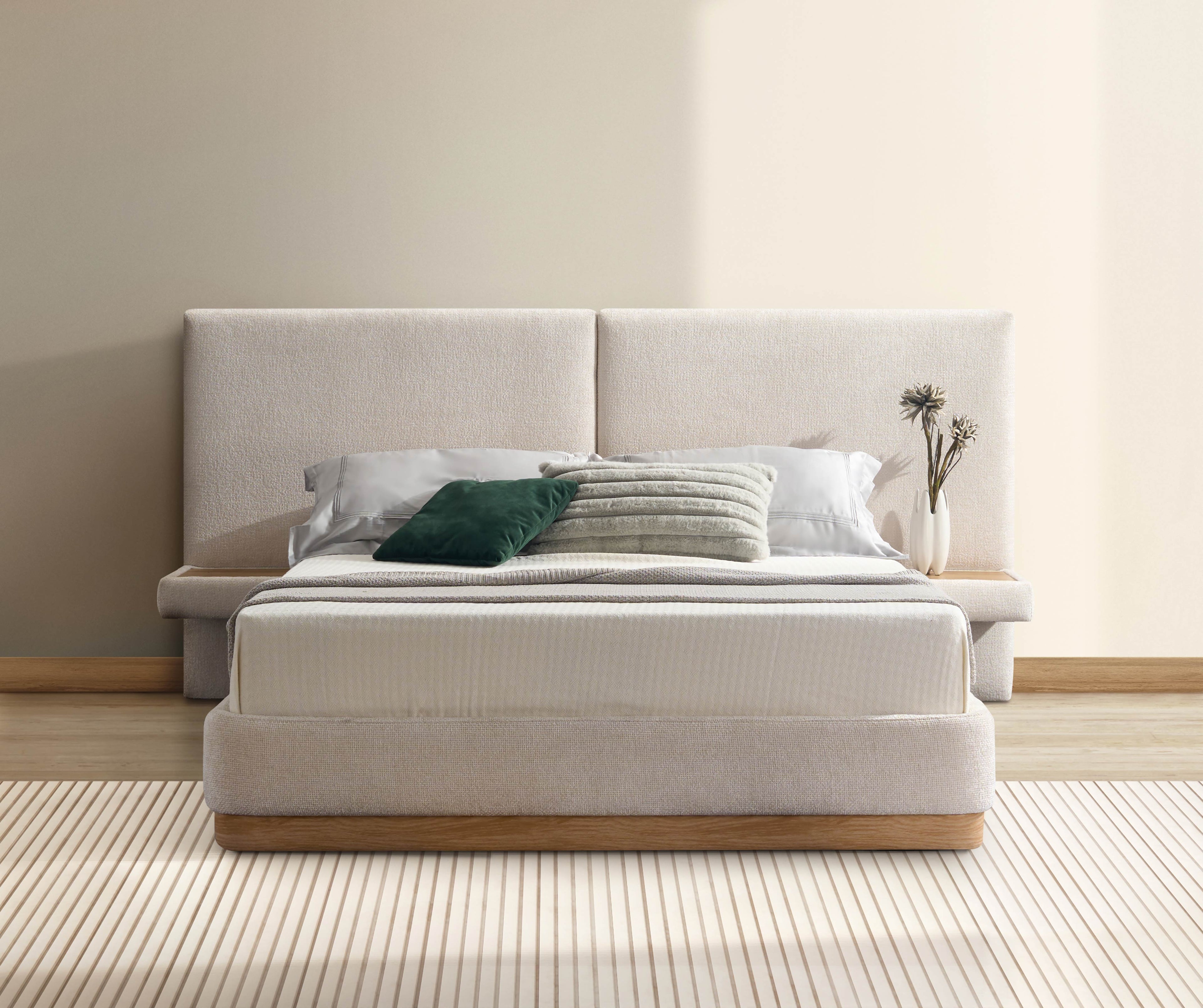 Ivory Upholstered Bed with Floating Nightstands - image 3