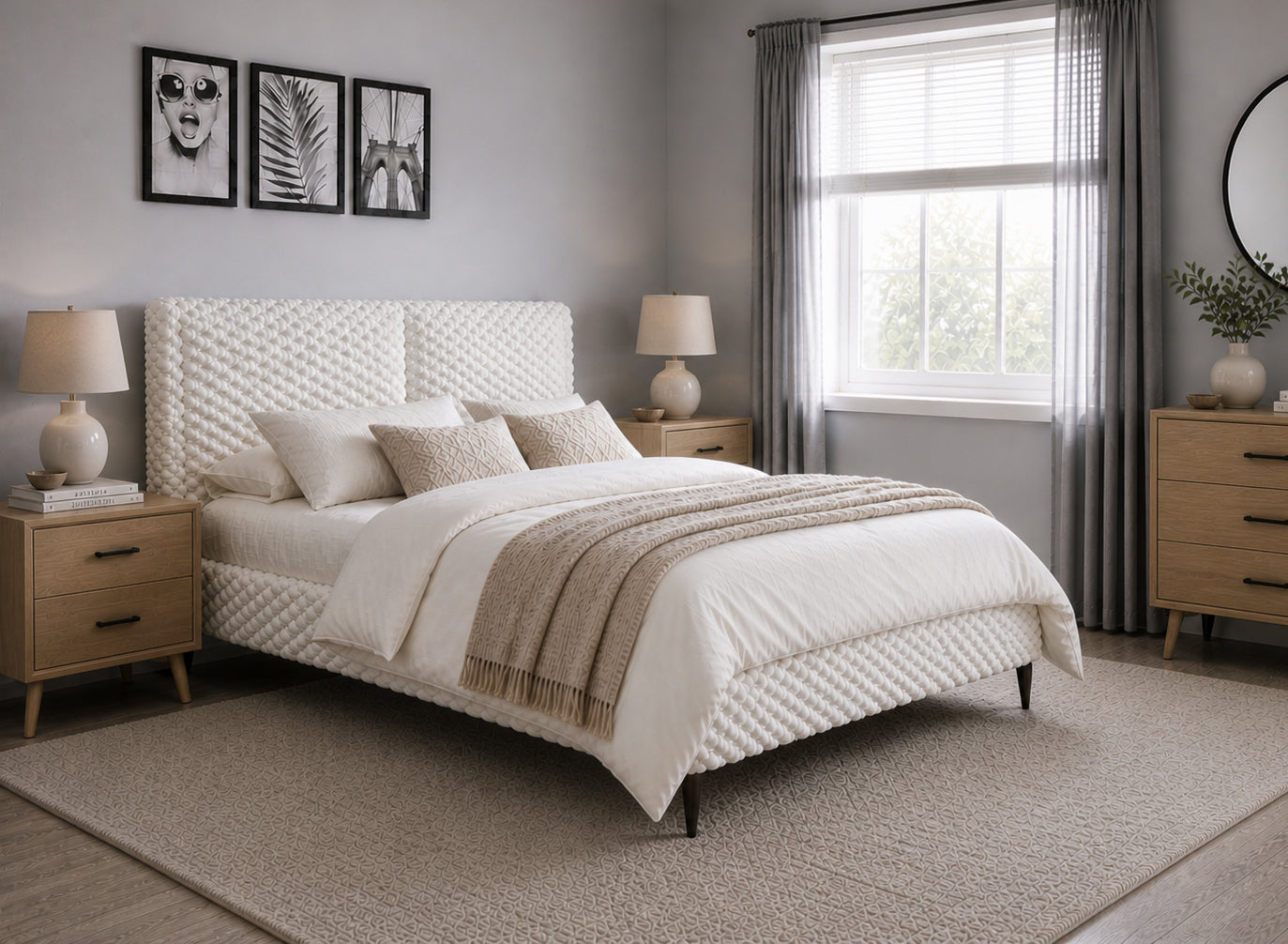 Cream Cloud-Texture Low-Profile Platform Bed