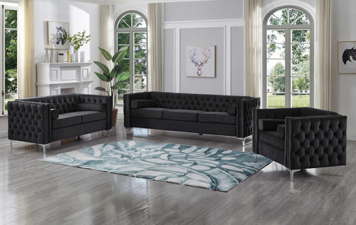 Black Velvet Tufted Sofa Set with Nailhead Trim