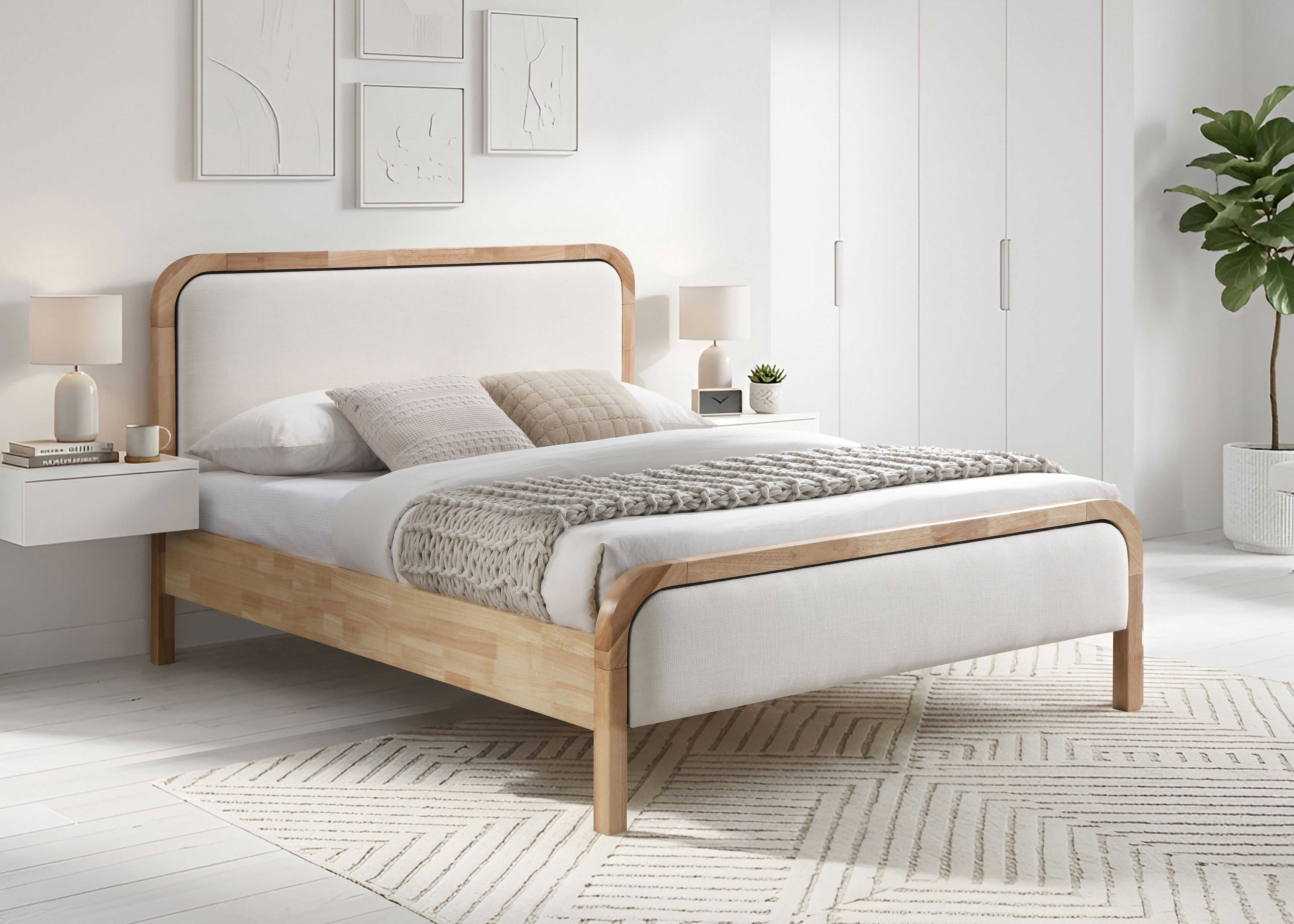 Warm Ivory Curved Upholstered Platform Bed