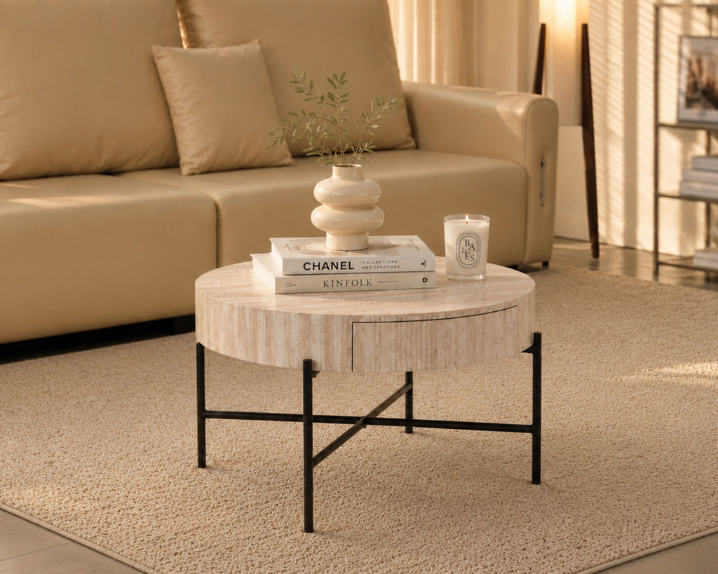 Round Travertine-Look Storage Coffee Table