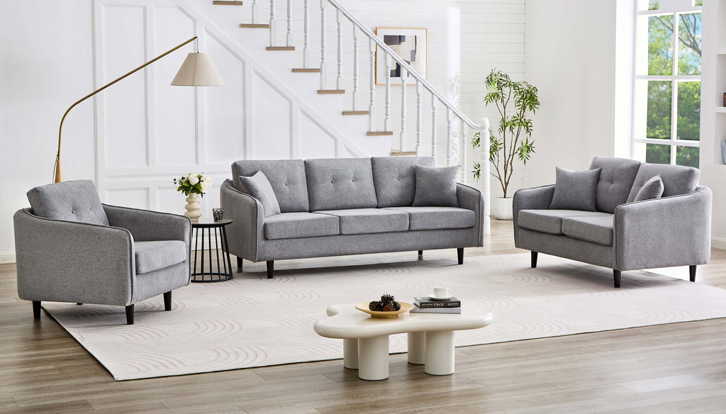 Grey Tufted Sofa Set with Accent Pillows