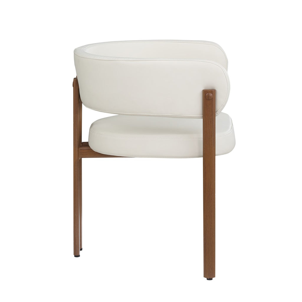 Curved-back dining chairs in cream and walnut