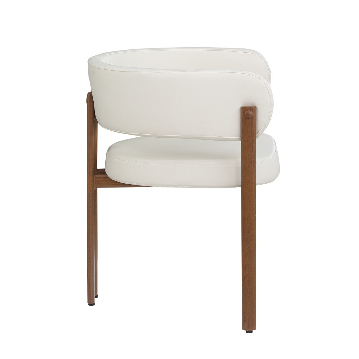 Curved-back dining chairs in cream and walnut
