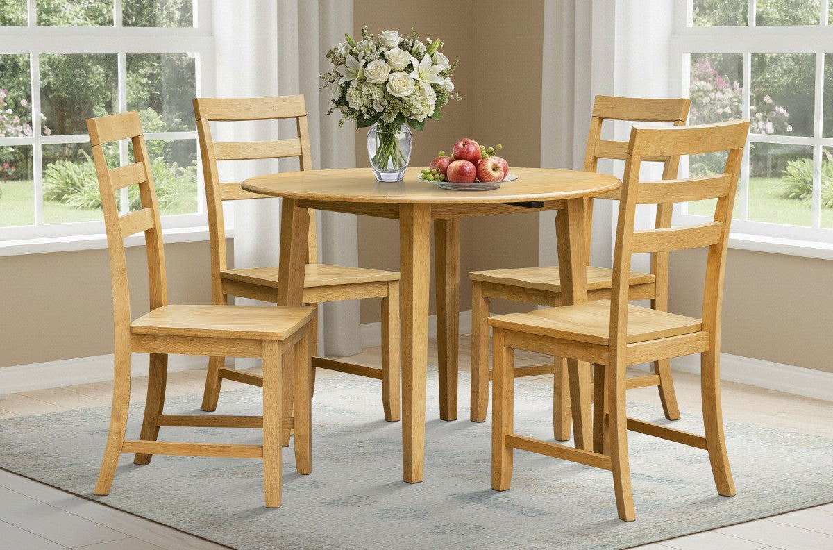 5-piece round drop-leaf dining set in natural wood
