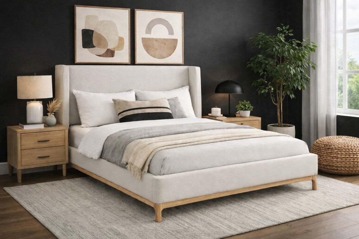 Wingback Upholstered Platform Bed - Beige