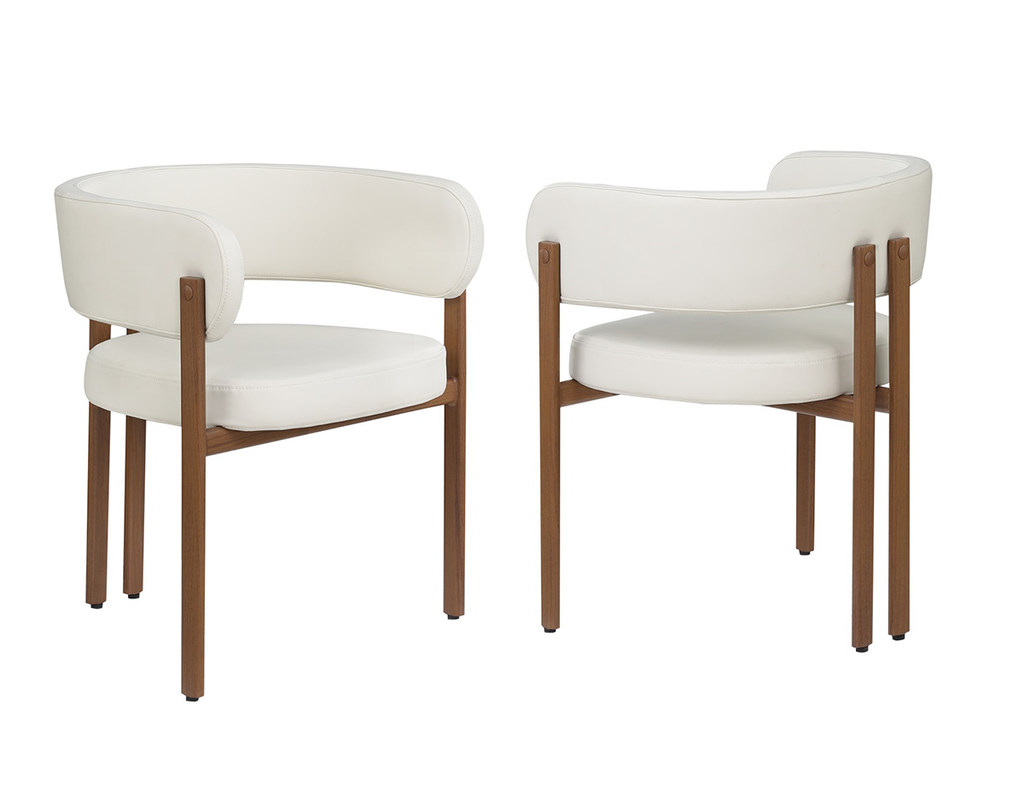 Curved-back dining chairs in cream and walnut