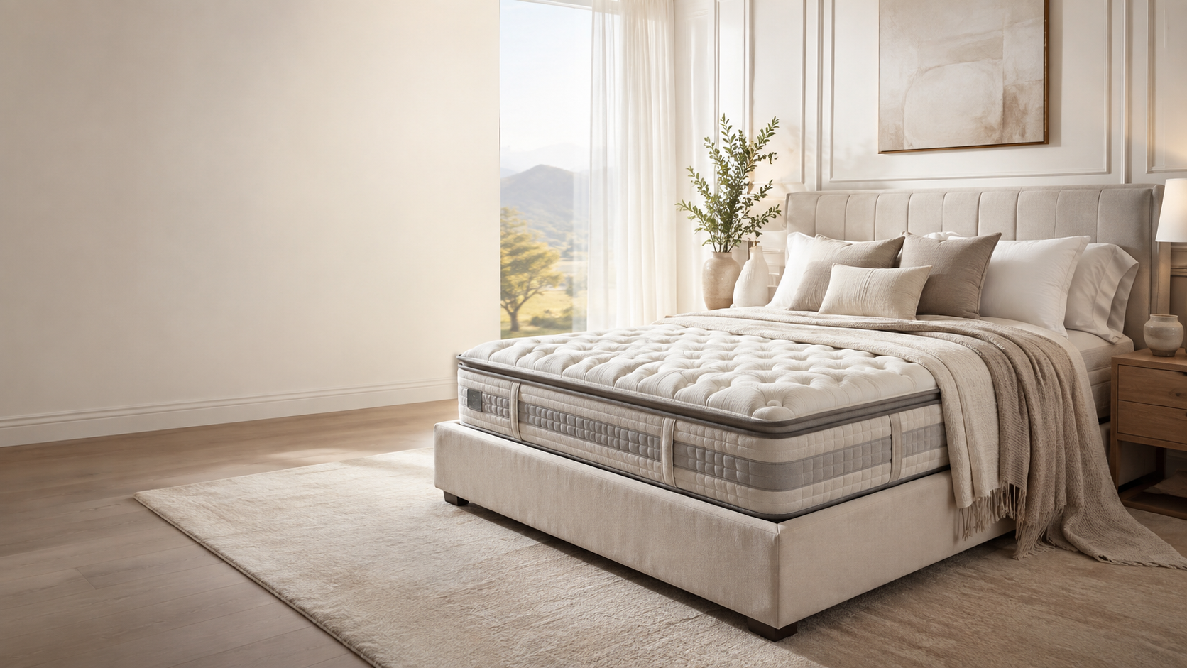 Premium mattress in a bright neutral bedroom