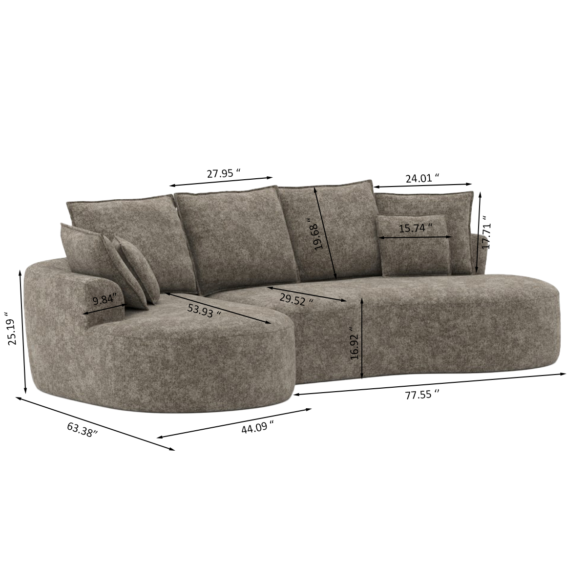 Curved sectional sofa in a box in brown