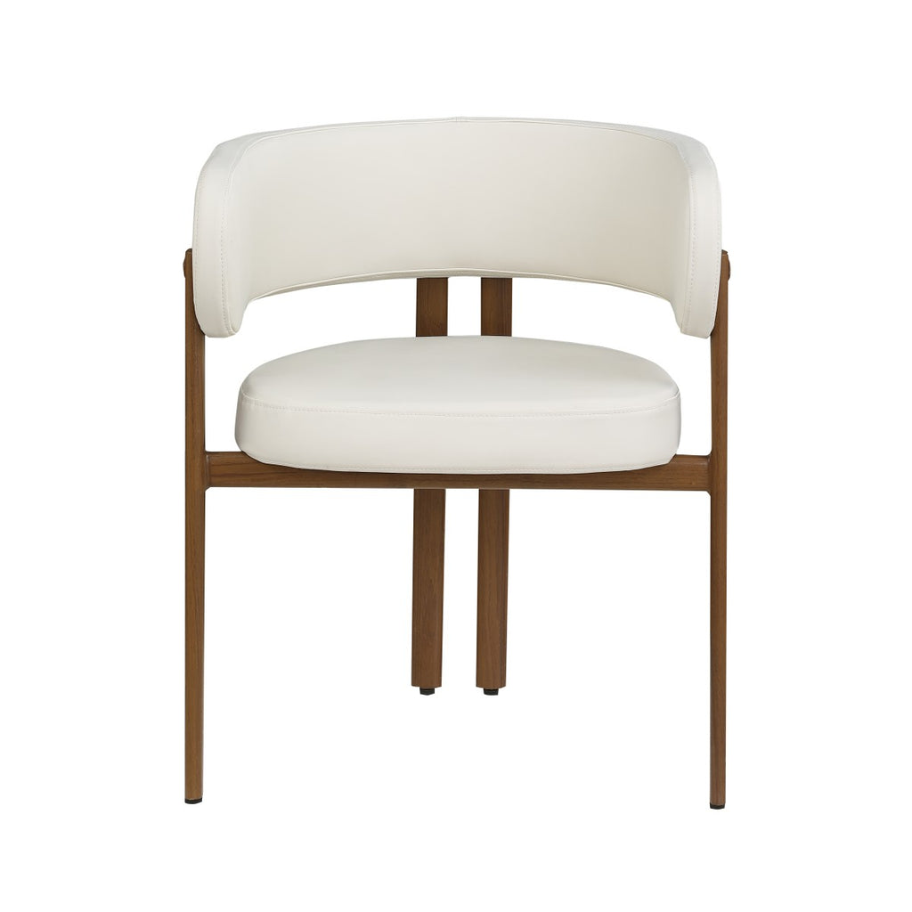 Curved-back dining chairs in cream and walnut