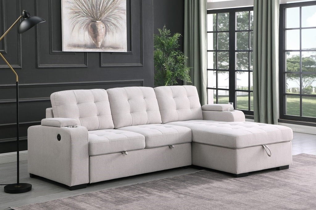 Lennox Sectional Sleeper with Storage & USB - Beige