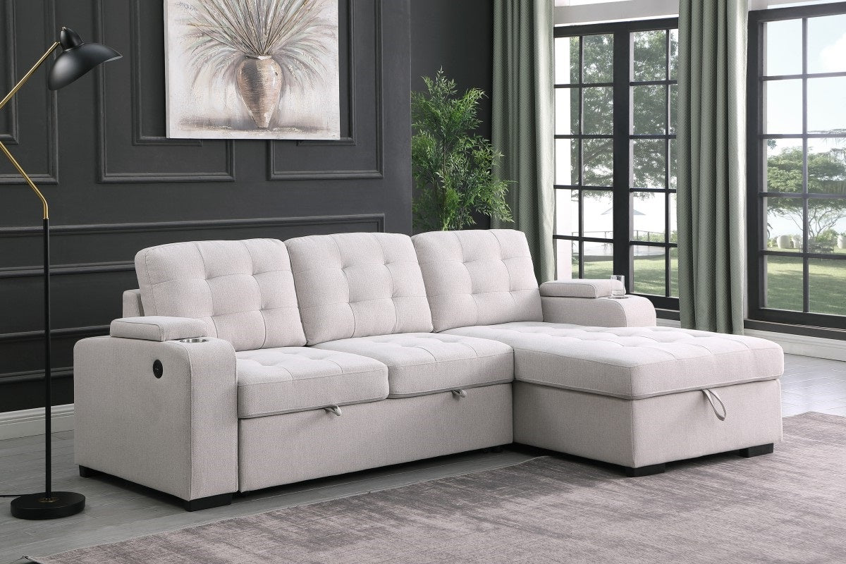 Lennox Sectional Sleeper with Storage & USB - Beige