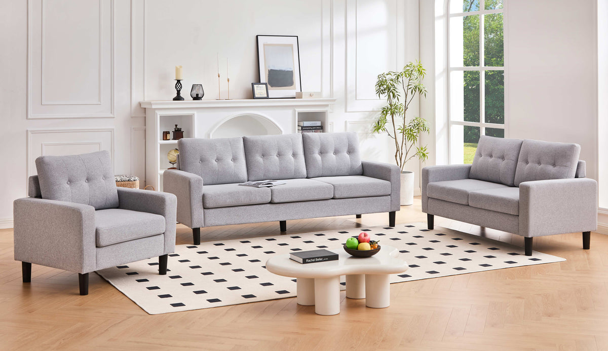 Grey Button-Tufted Box-Arm Sofa Set