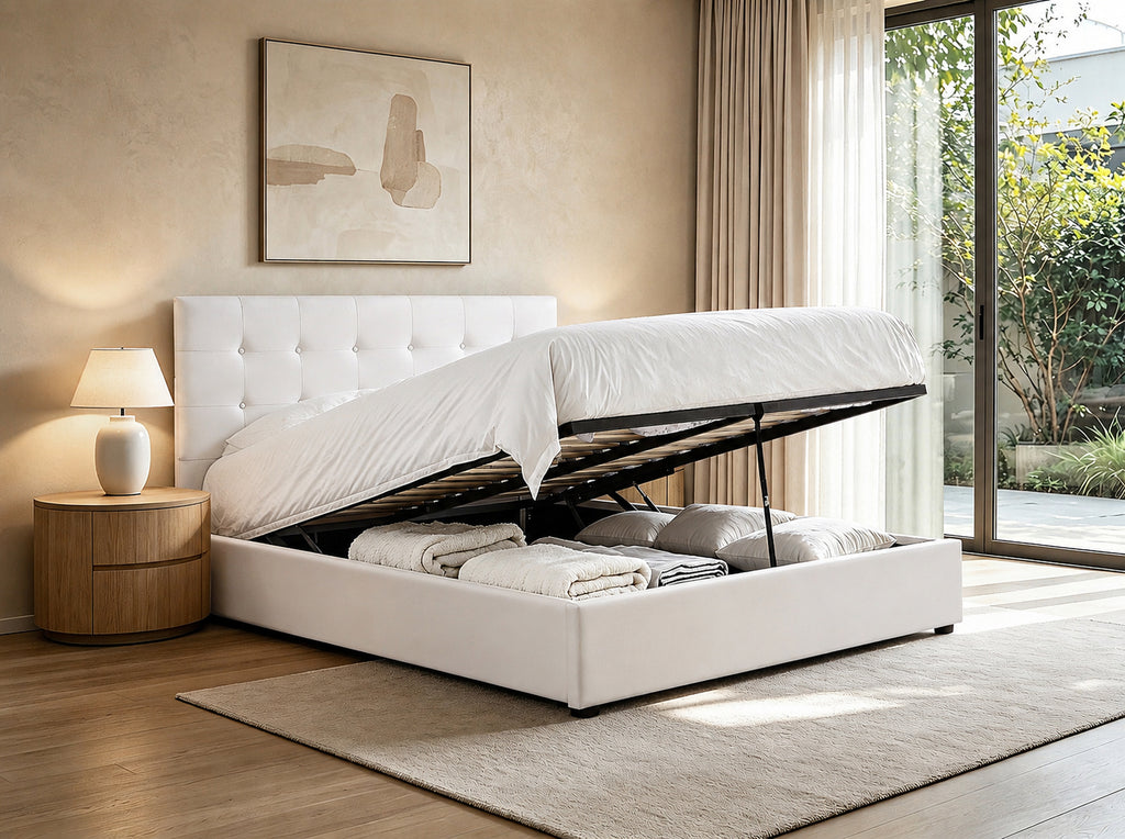 Cream Fabric Hydraulic Storage Platform Bed