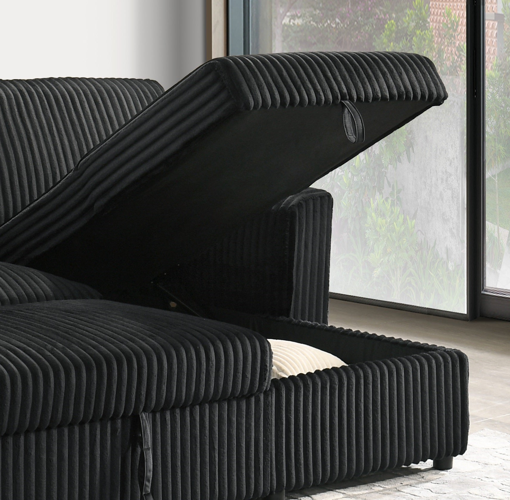 Reversible Corduroy Storage Sofa Bed Sectional - Black additional view