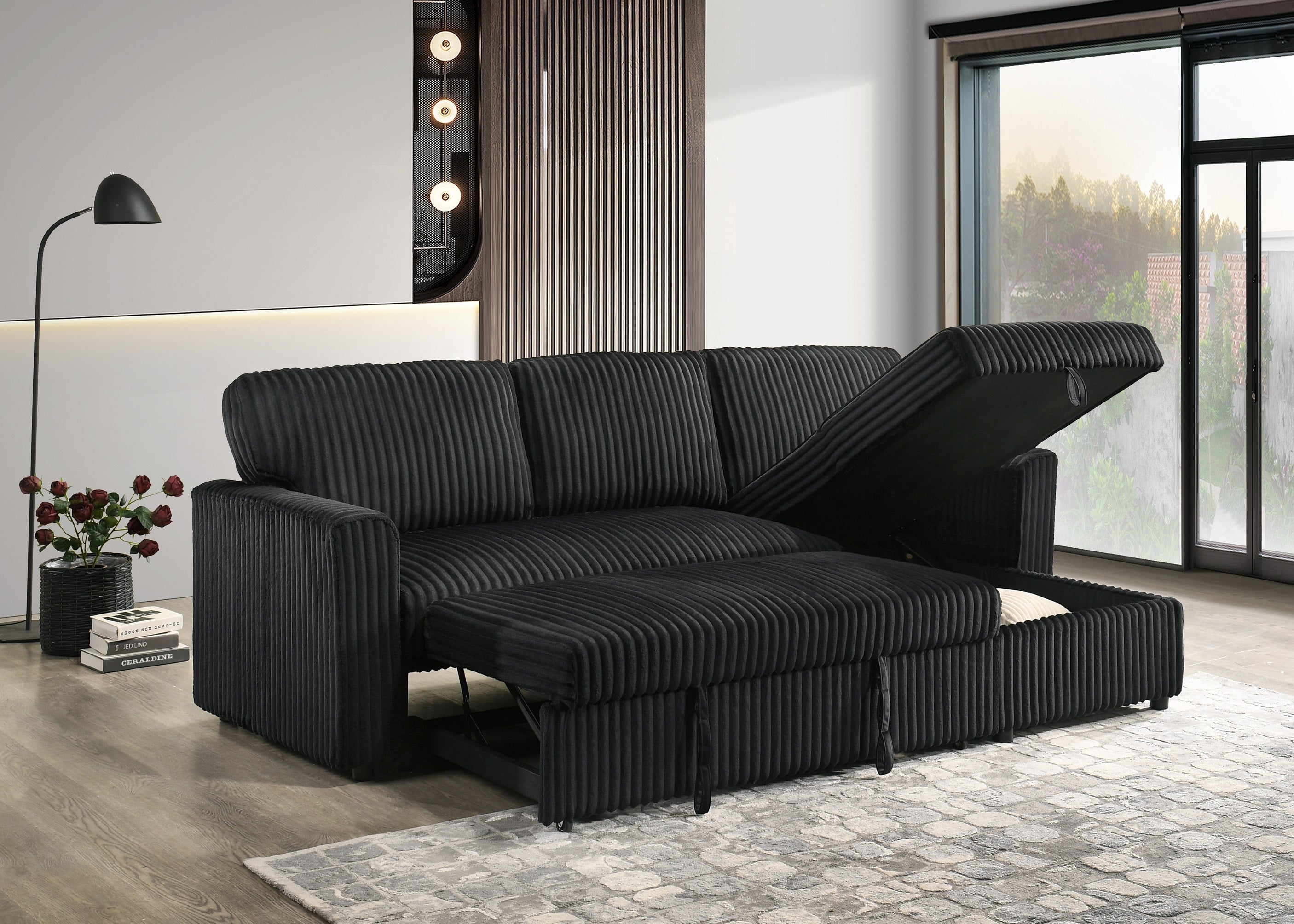Reversible Corduroy Storage Sofa Bed Sectional - Black alternate view