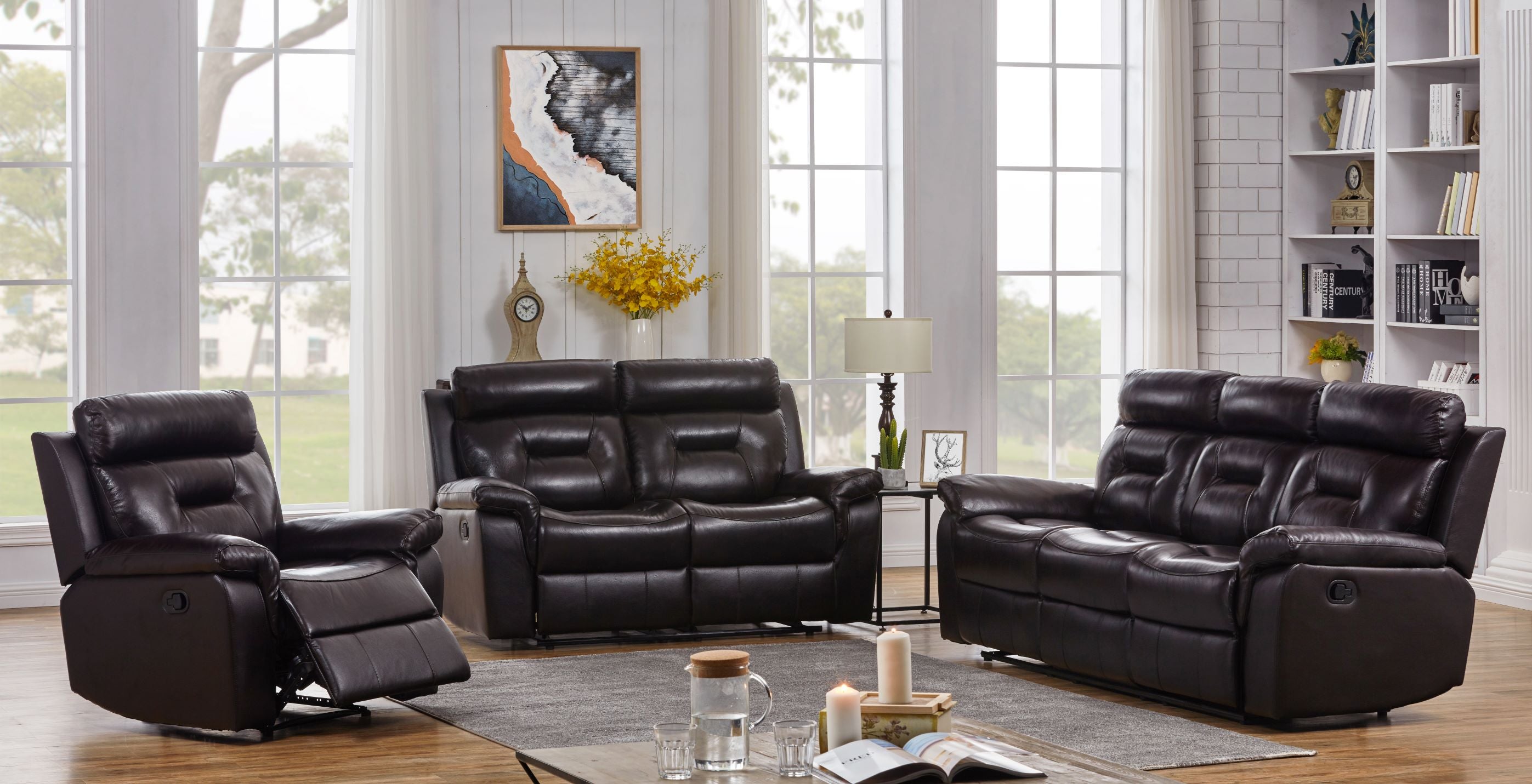 Marvel Recliner Set - Genuine Leather - Taupe/Browm - Decor Furniture & Mattress