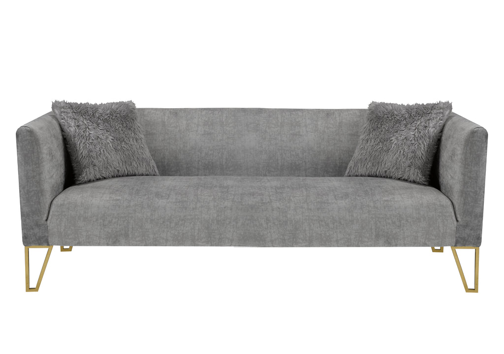Grey Tufted Sofa with Fur Pillow