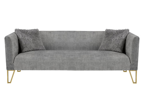 Grey Tufted Sofa with Fur Pillow
