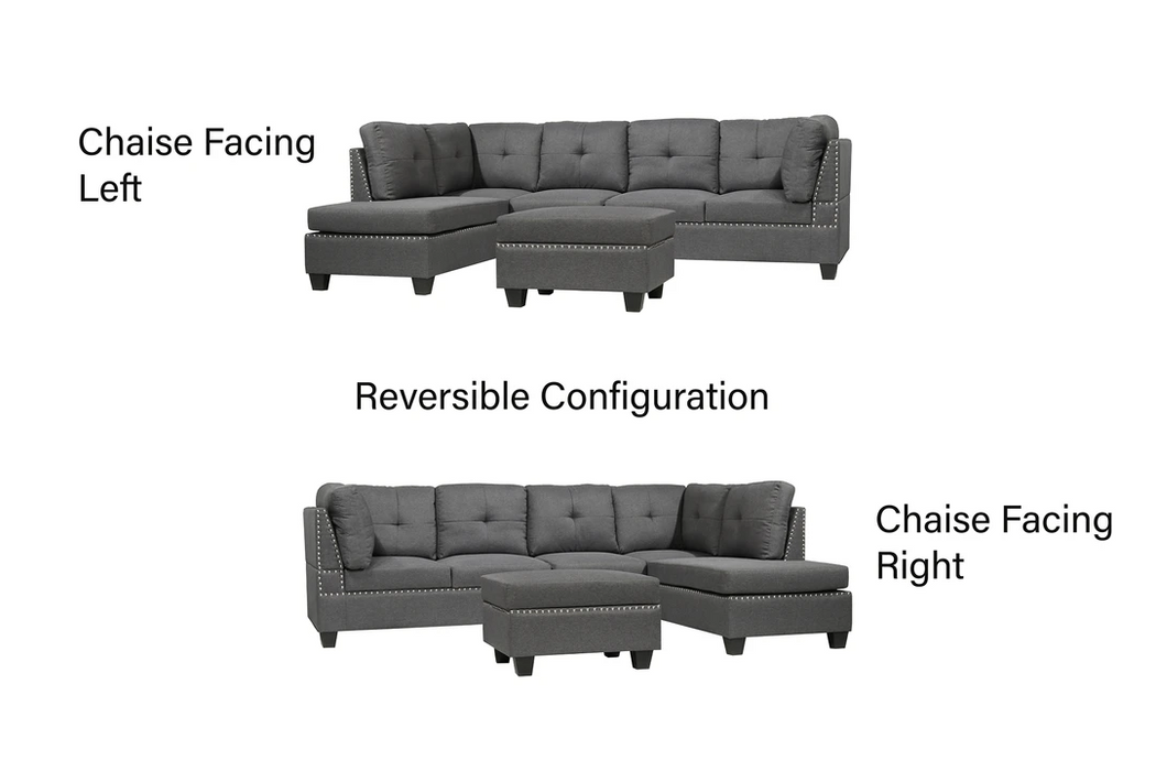Mae Reversible Sectional w Ottoman - Grey - Decor Furniture & Mattress
